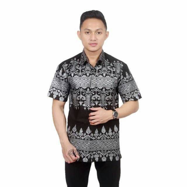 Hem Batik Pria Lengan Pendek- Motif Songket Pagar Abu - Warna Hitam Abu