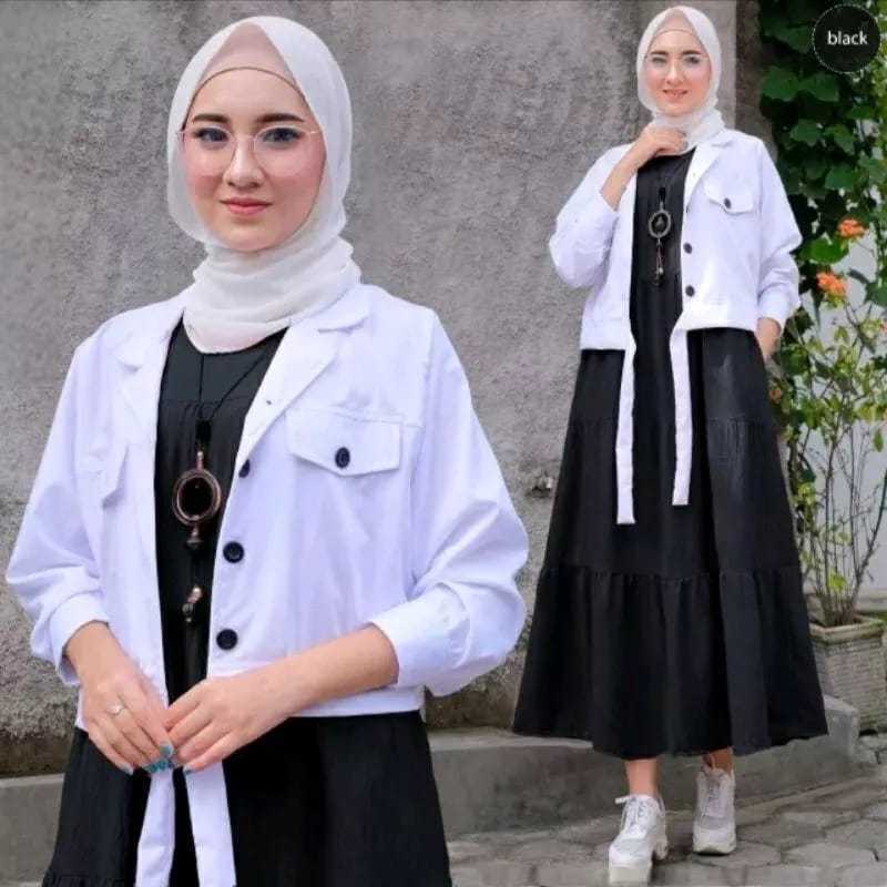 One Set Inner Outer Jeans + Dress Vallen Kekinian Pollycotton Terbaru