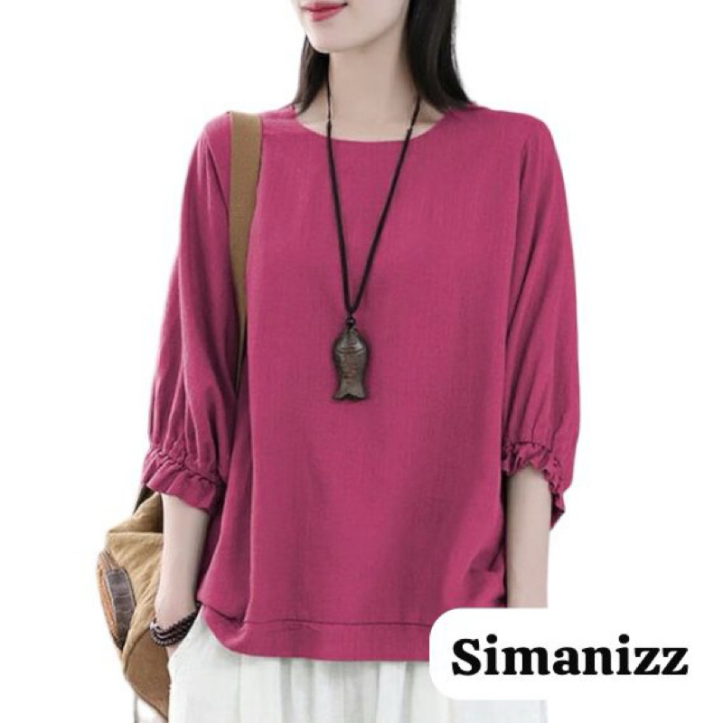 Blus Lengan Dolman Crinkle Airflow Leher Kru Padat Wanita