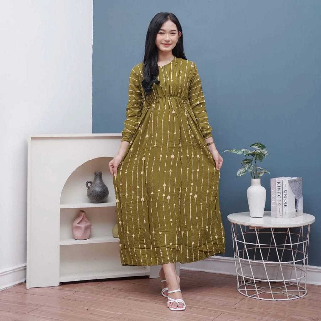 Daster Midi Dress Panah Cinta Lengan Panjang 130 Cm Kerut Dada Karet Tangan Rayon Tebal Premium |Gro