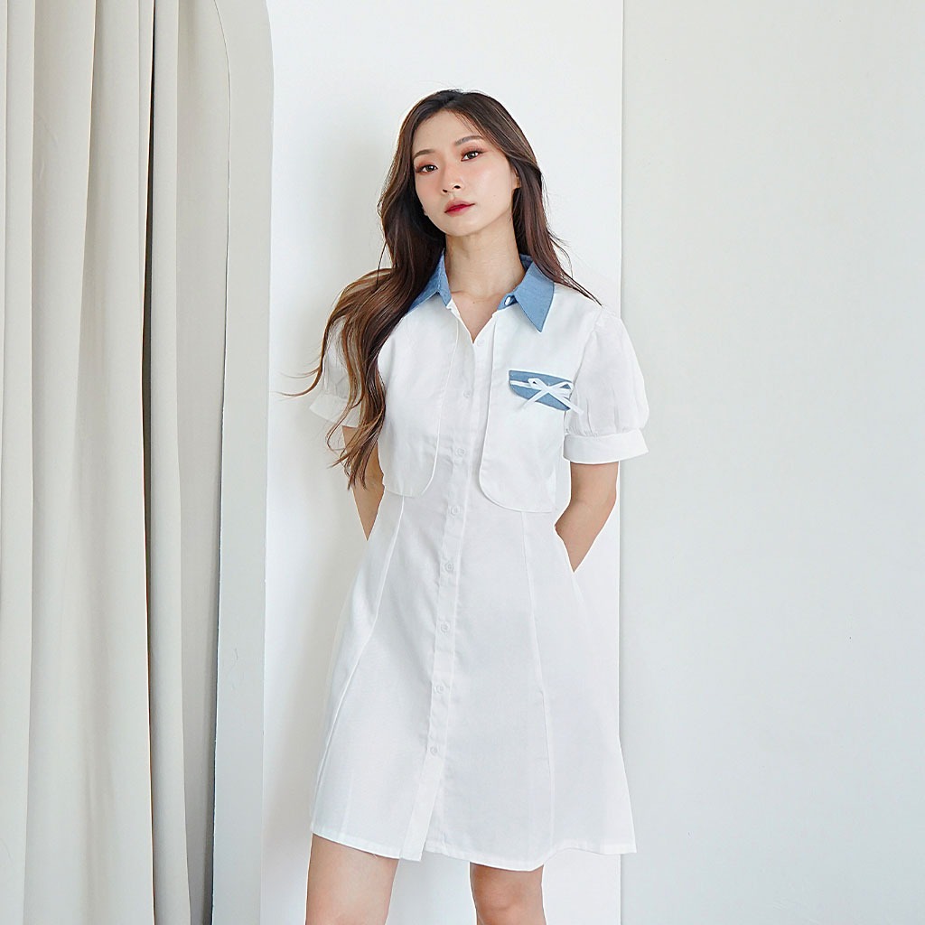 JOUETA | Neyya Dress | Mini Dress Wanita Korean Style Bahan Boyjeans Warna Putih Biru | Dress Natal 