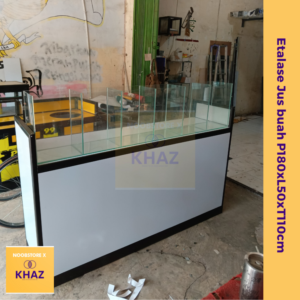 Meja Etalase Jus Buah Aluminium – Display Buah Segar untuk Usaha Minuman