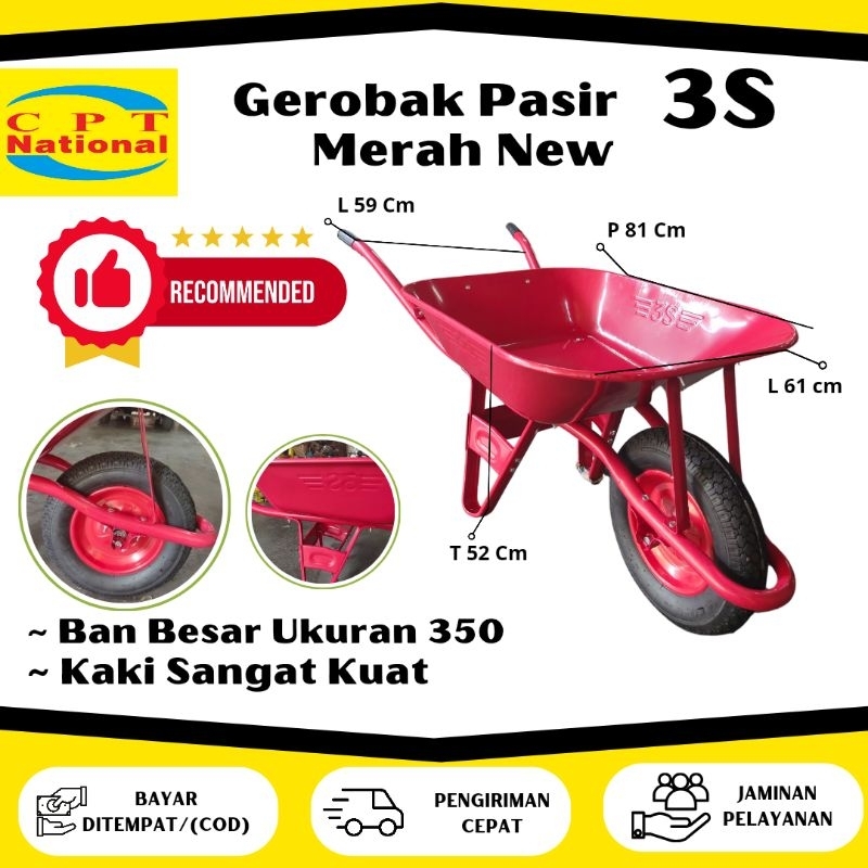 Gerobak Pasir Merah 3S/Gerobak Sorong/Gerobak Angkong/Troli Dorong Cor Semen/ Gerobak Proyek