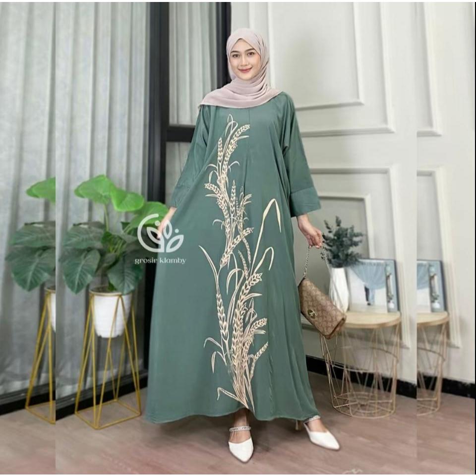Kaftan Wanita - Daunda Kaftan Size Jumbo XXXXL Motif Daun Lengan Panjang Busui Resleting by Nadira_Fashion / Gamis Rayon Jumbo Kaftan Terbaru-padi mint