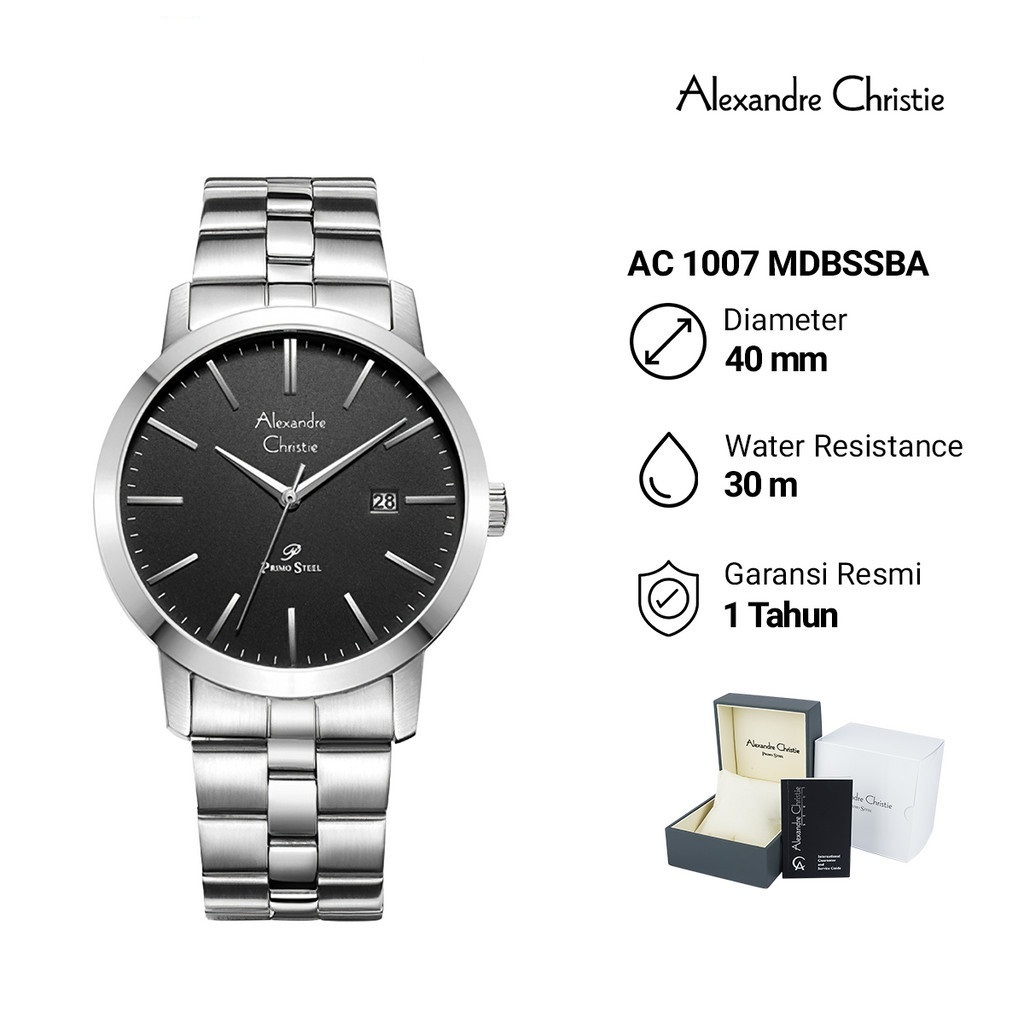 Jam Tangan Pria Alexandre Christie Primo Steel AC1007MDBSSBA Black Dial