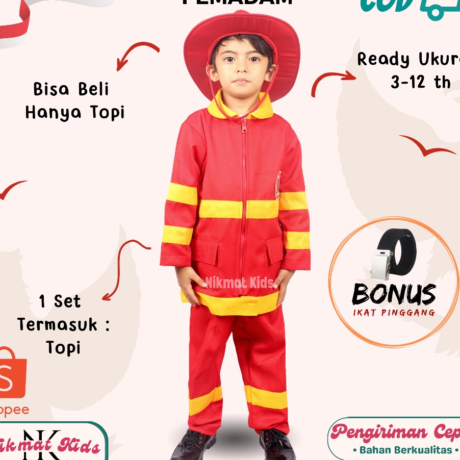 Baju pemadam kebakaran anak seragam kostum stelan baju pemadam Damkar pemadam kebakaran anak baju pr