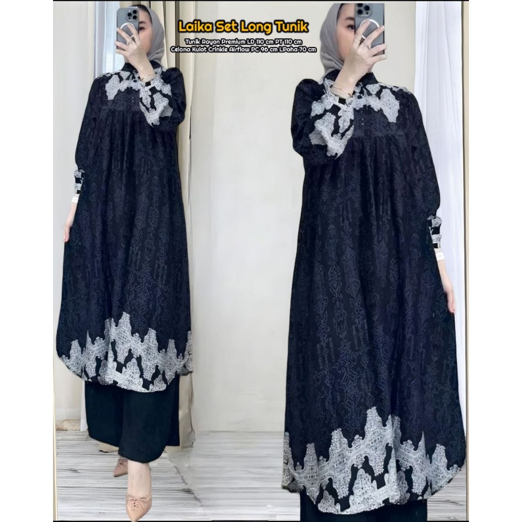 Laika Set Long Tunik  - One Set Wanita Long Tunik Rayon Premium Setelan Wanita Kekinian Celana Kulot