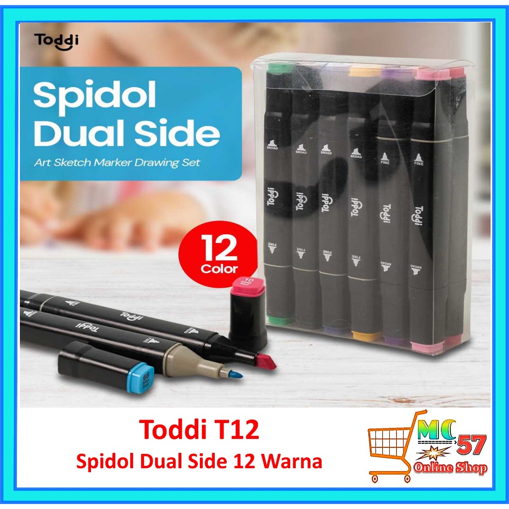 Toddi T12 Spidol Warna Permanen Spidol Warna Warni Spidol 1 Pack 12 Warna Pena Spidol Seni 12 Warna 