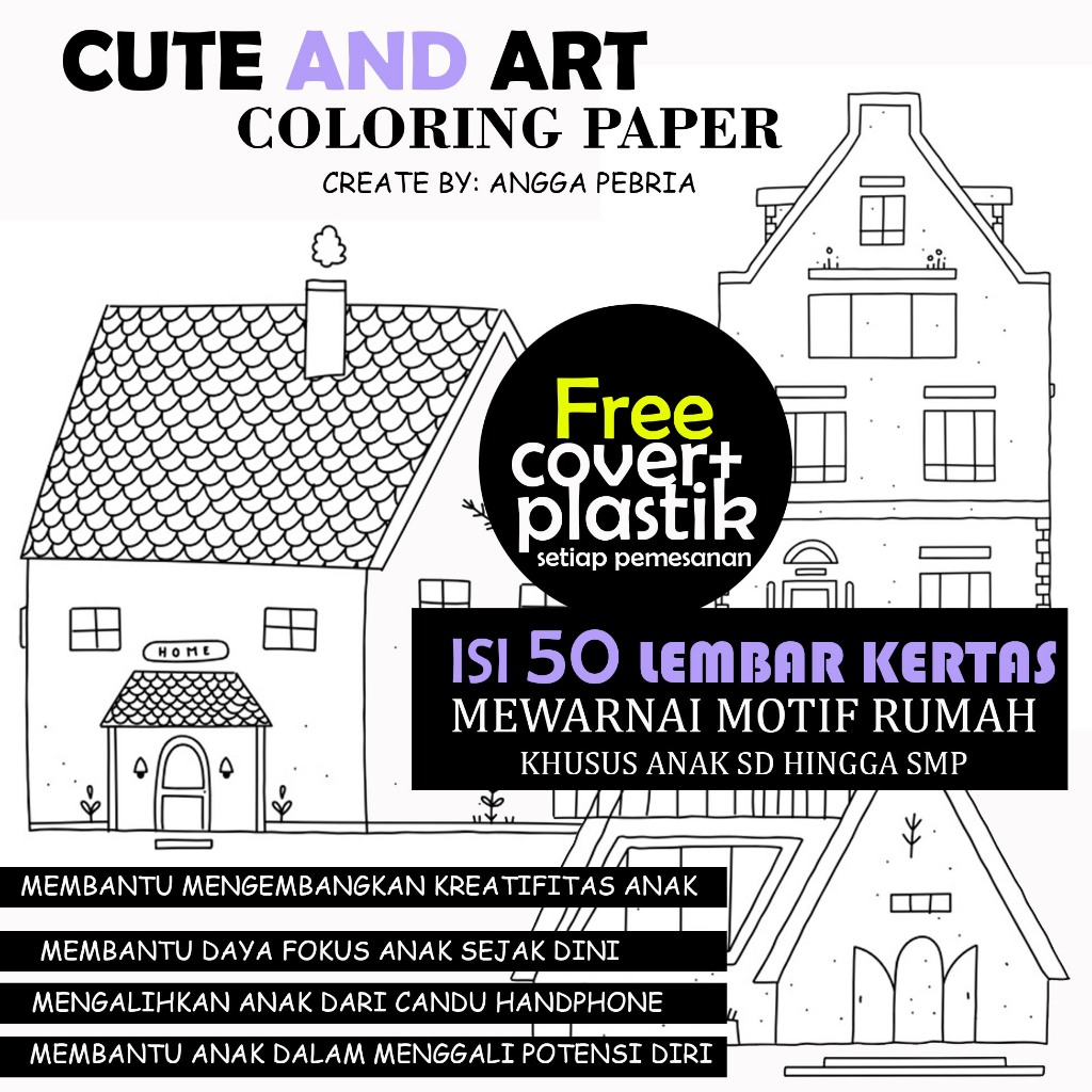 

50 Lembar Kertas Mewarnai motif rumah / coloring paper