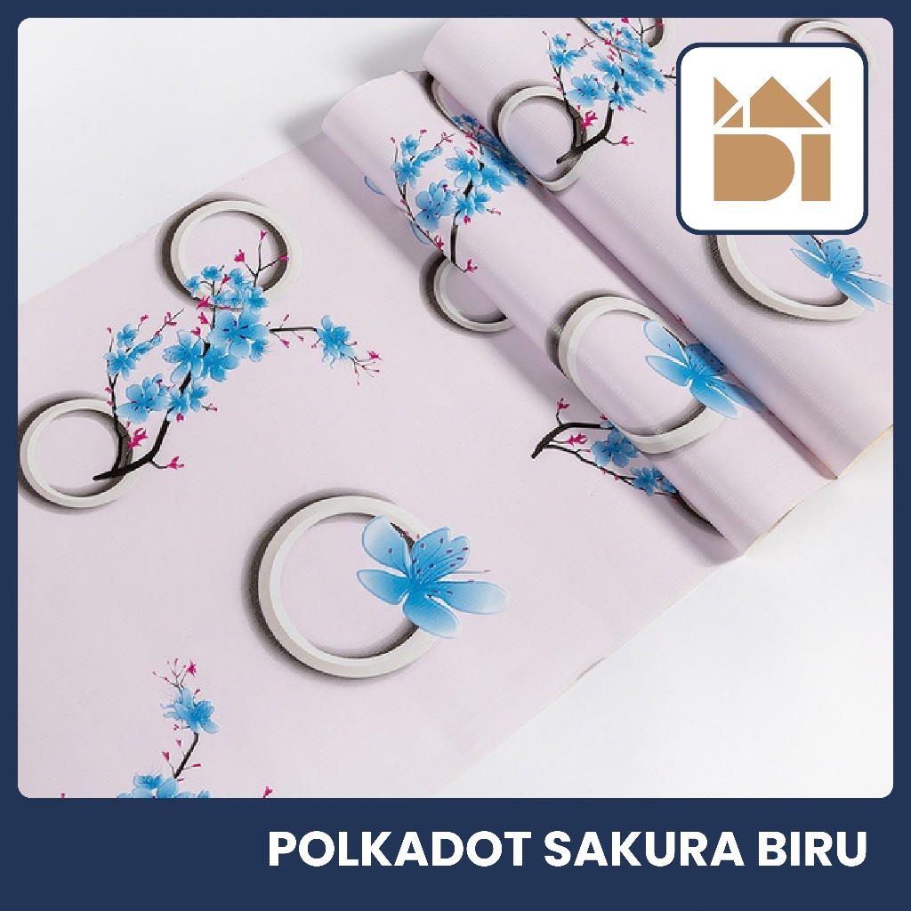Wallpaper Stiker Dinding Motif Polkadot Sakura Biru Size 45 Cm X 8 meter