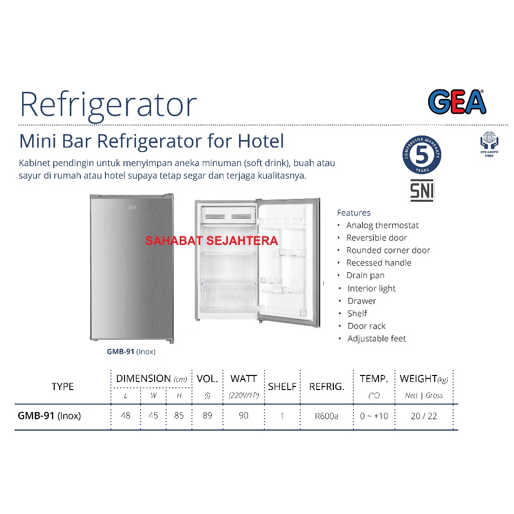 GEA Mini Bar Refrigerator GMB-91 INOX Kulkas 1 Pintu