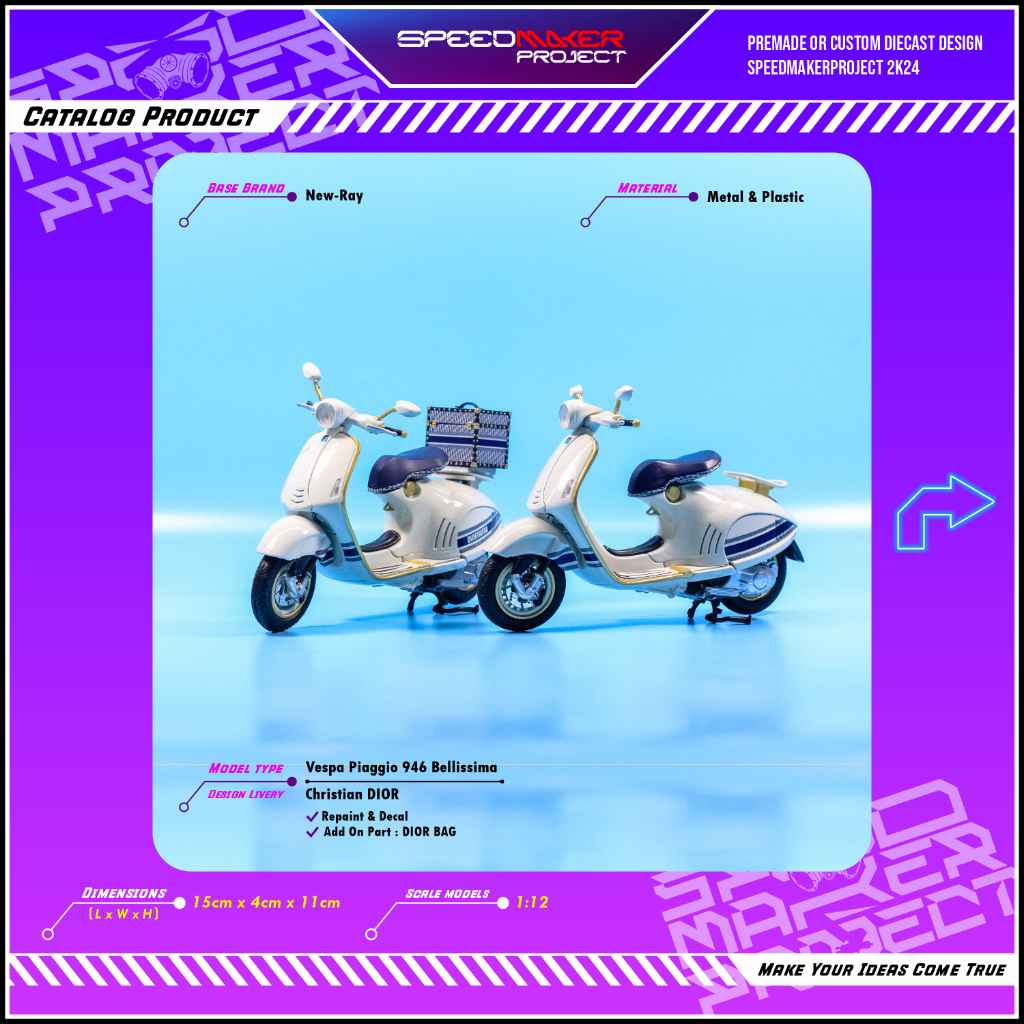 Newray Custom Vespa 946 Bellissima Christian DIOR Diecast Miniatur Motor Scooter Bike 1:12 Scale