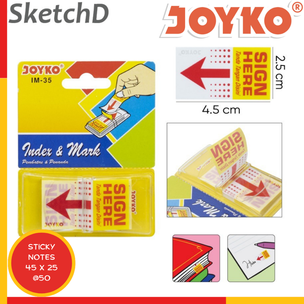 

Memo Tempel Penanda Plastik Joyko IM 35 Sticky Notes Sign here 50 lbr