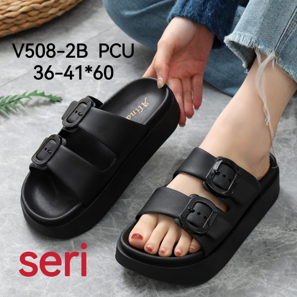 Sandal Kasual Jelly Wanita Alina Motif Tali Pinggang Karet Hak Rendah Sandal Selop Alina-508-2B