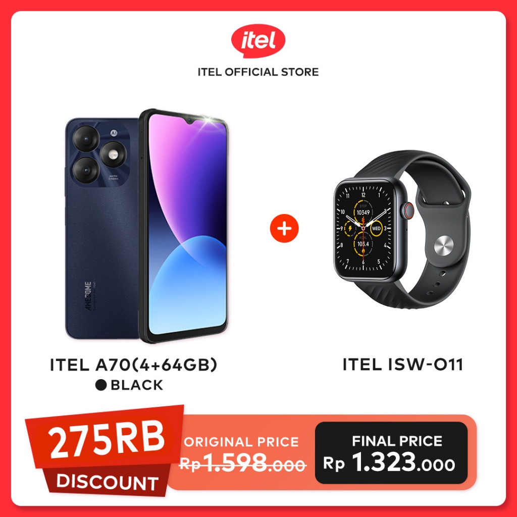 itel Handphone A70 64GB/128GB + TWS / Charger Kabel Type-C ICW-182EC  / Smart Watch 2 ES / Powerbank 100PF Faster Charging 22.5W GARANSI RESMI-A70 64G BK+O11