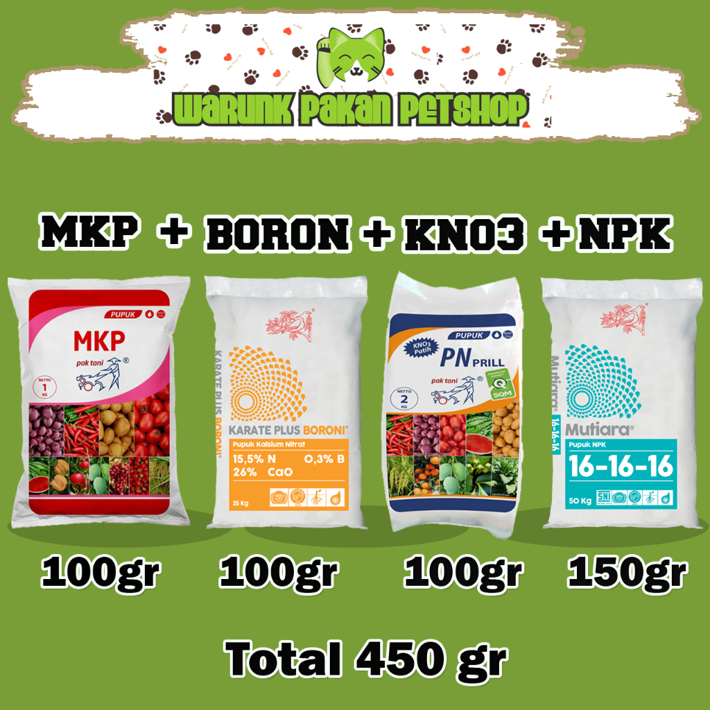 MKP + KNO 3 Putih + BORON + NPK MUTIARA Cap Pak Tani dan Meroke (PAKET PUPUK ANGGUR BUAH SAYUR KEMAS