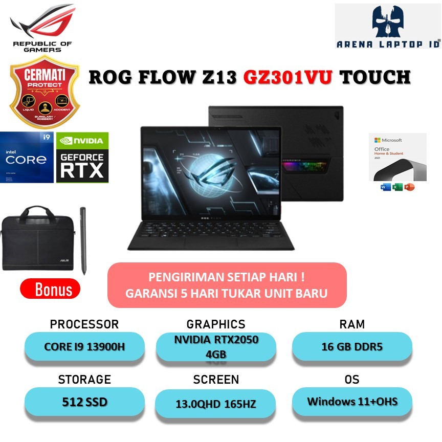 ASUS ROG FLOW Z13 GZ301VF TOUCH I9 13900H RTX2050 4GB/ 16GB 512GB W11+OHS 13.0QHD NEBULA 165HZ PEN 2