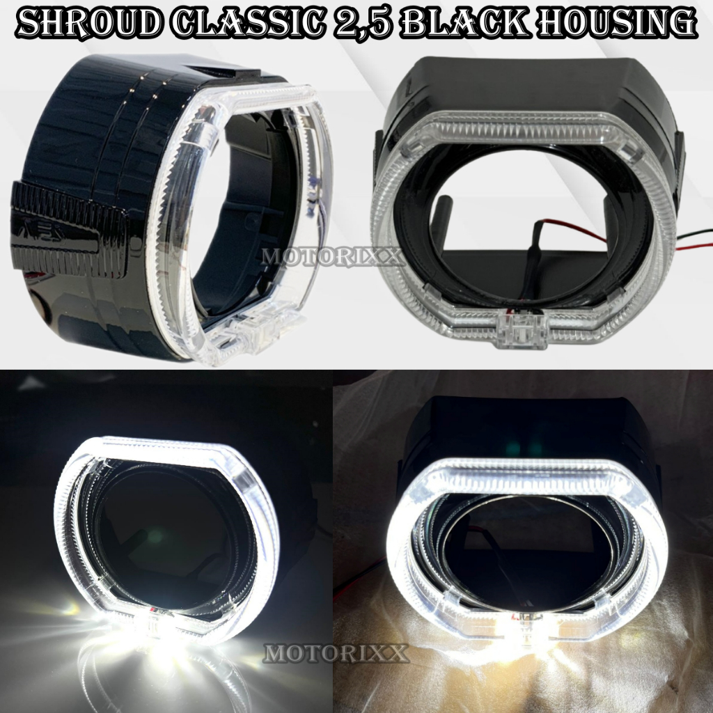 SHROUD BMW KLASIK 2.5 INCH BLACK COVER ANGEL EYES BILED PROJECTOR MOTOR MOBIL RING MODEL BMW HITAM P