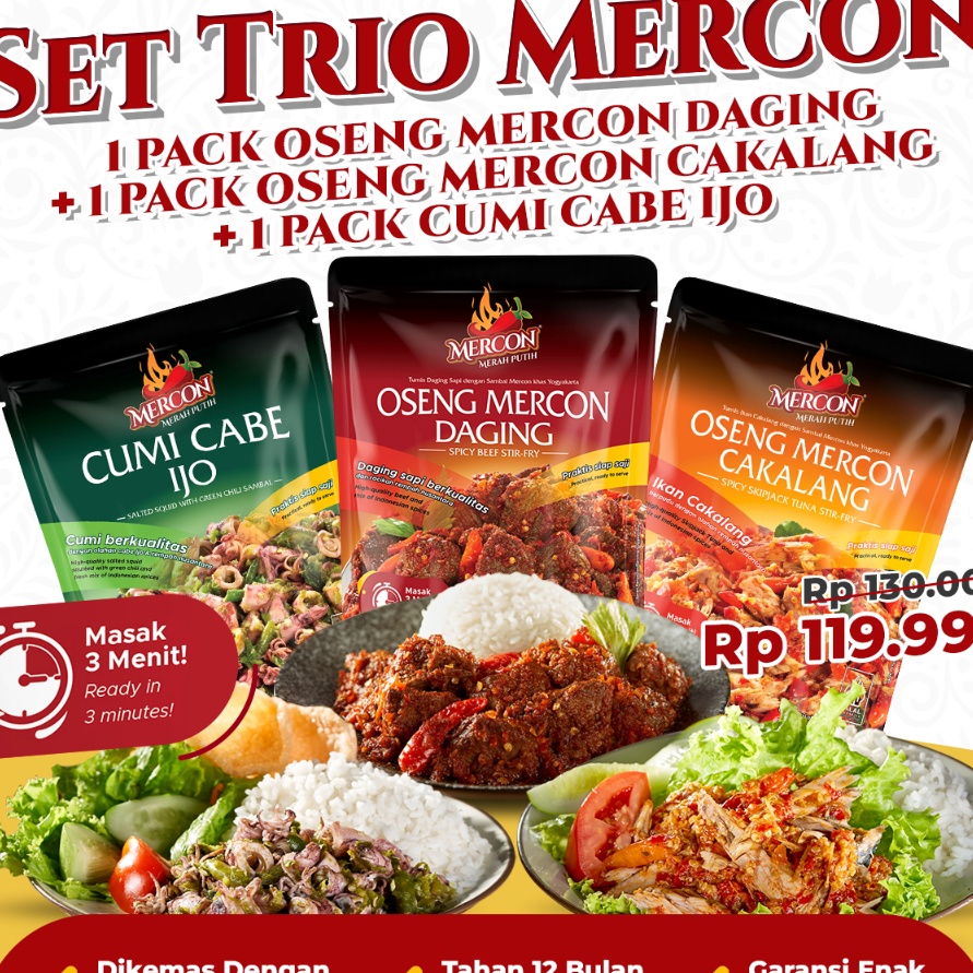 

Dijamin Ori Mercon Merah Putih Set Trio Mercon Oseng Mercon Daging Cumi Cakalang