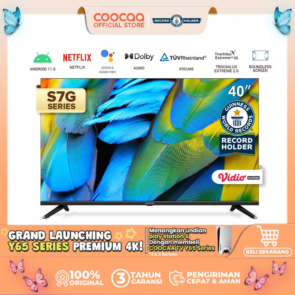 COOCAA 40 inch Smart TV - Digital TV - Android 11 - Netflix/Youtube - Google Assistant - Dolby Audio - Mirroring - Flicker Free - Boundless - HDR 10 - WIFI - USB/LAN(COOCAA 40S7G)