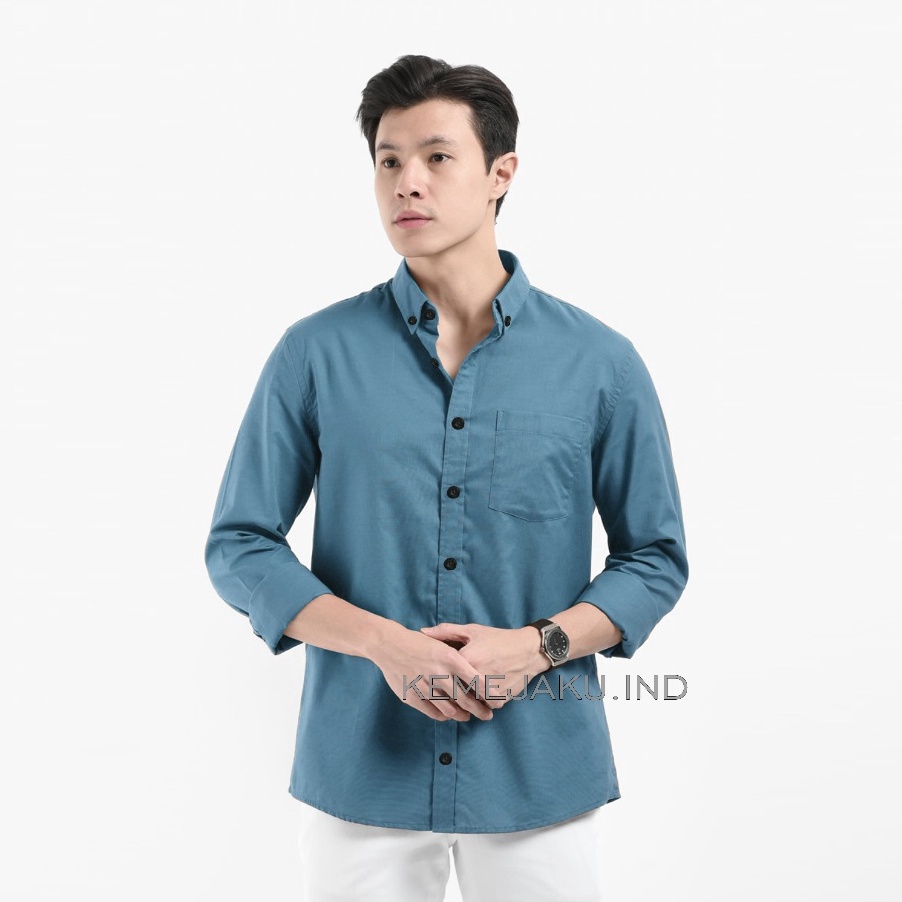 V44859 Kemeja Biru Denim Pria Hem pria polos kemeja polos cowo biru denim