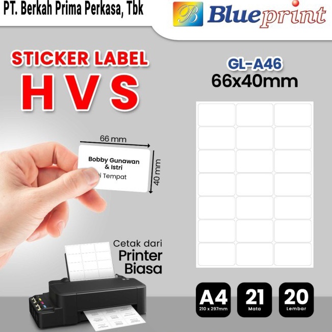 

New Promo Kertas Stiker Label HVS Doff A4 BLUEPRINT Uk 66 x 4 mm 2 lembar