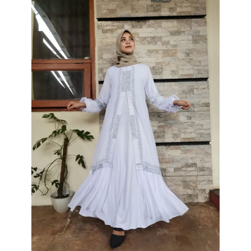 GAMIS ABAYA BORDIR SILVER Putih terbaru 2024 bahan  jersey mix ceruty babydoll