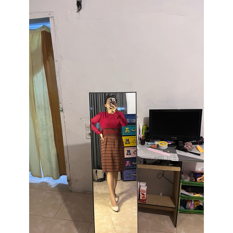 Shineonyou-Baju Dress Wanita Red Batik Vintage Sifon Merah Panjang Tangan Preloved