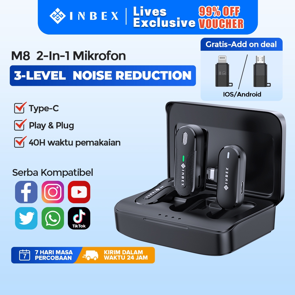 [LIVE]INBEX M8 Wireless Microphone Nirkabel Mic Clip on Lavalier Microphone Bluetooth