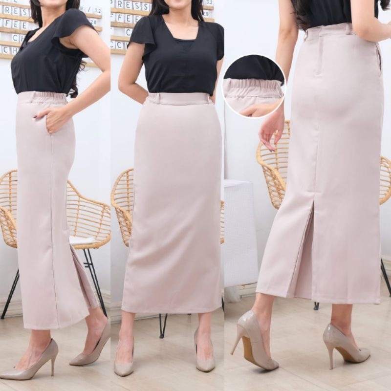 PROMO / BAHAN PREMIUM / Rok Span Kerja Wanita Panjang Kantor Hitam Rempel Bawah pinggang karet