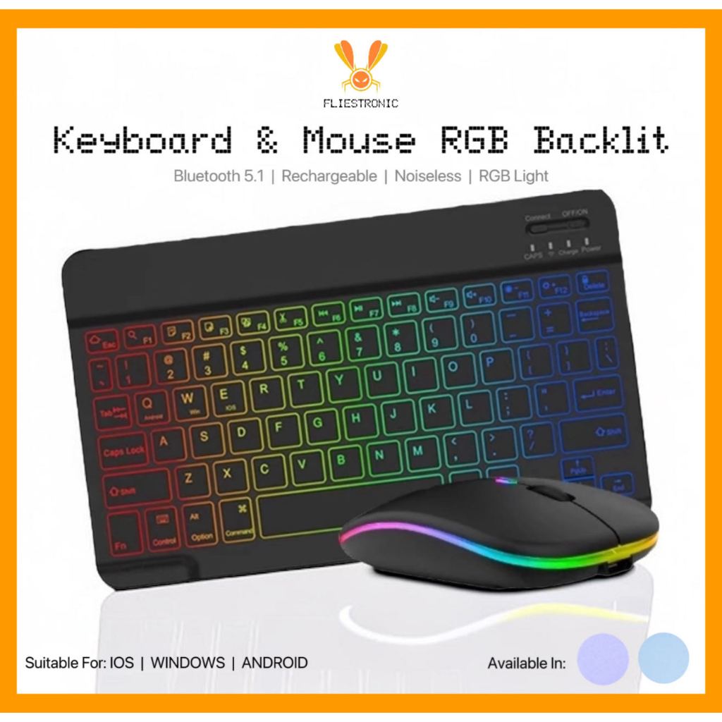 COD FLIESTRONIC 10inch RGB Backlit Wireless Keyboard Mouse SET Backlight Bluetooth Keyboard