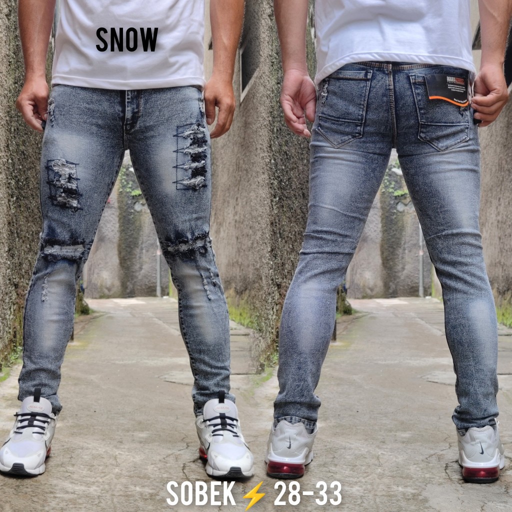 VD - Celana Jeans Panjang Bikers Snow  / Celana Jeans sobek pria  / Jeans Biker Sobek Skinny Slim fi