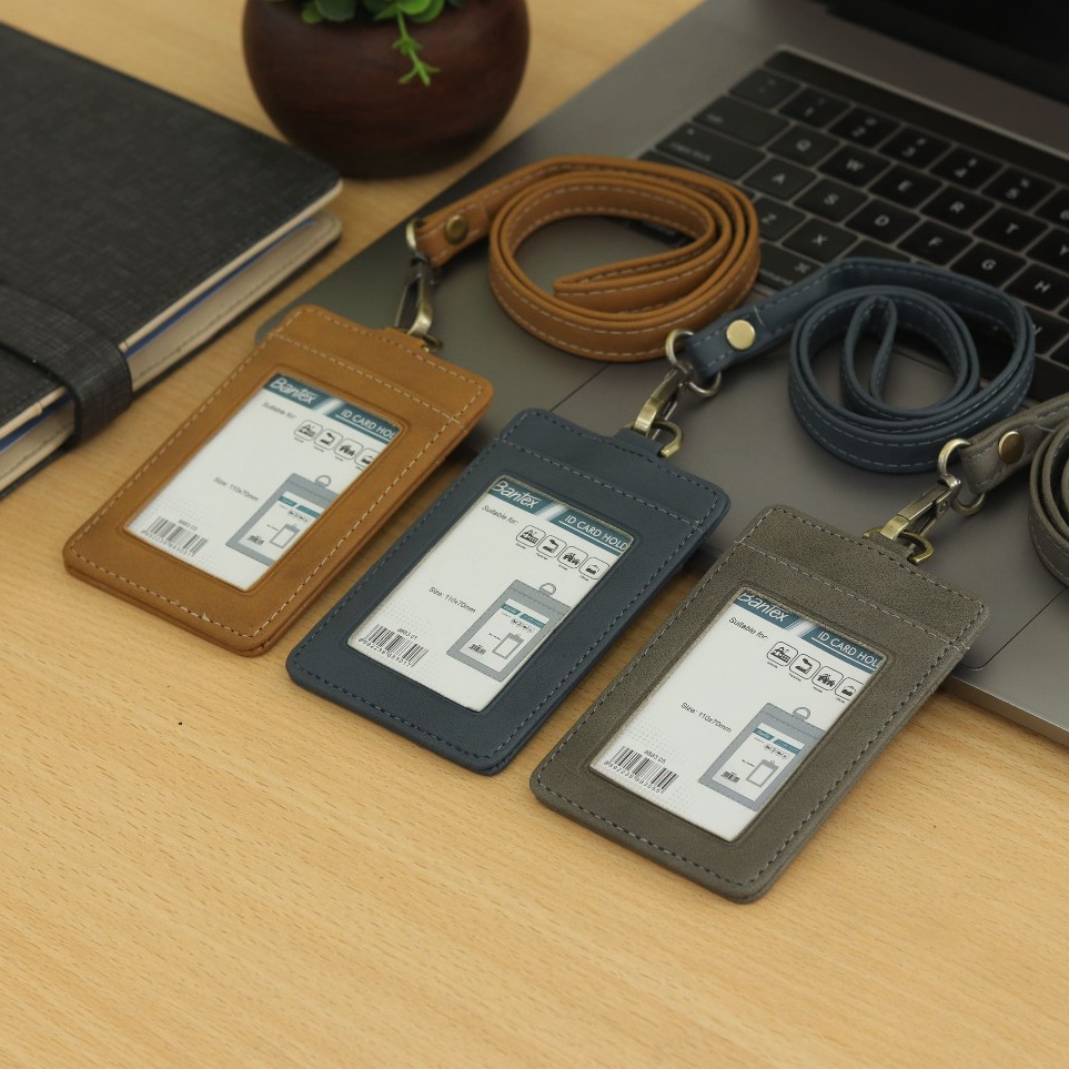

KODE U63E Bantex Leather Name Tag ID Card Holder Button 8883 Kulit Sintetis Lanyard Tali
