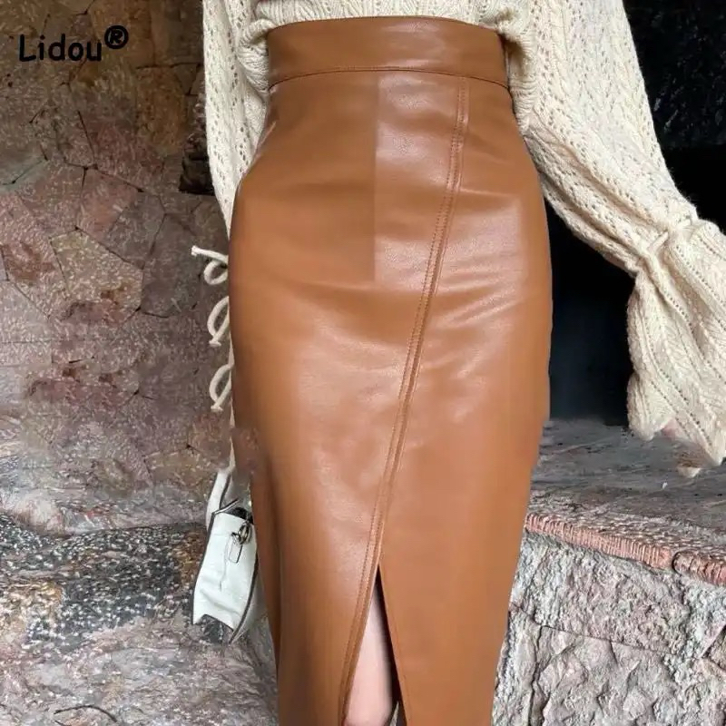 Rok Kulit Wanita Vintage Midi Highwaist