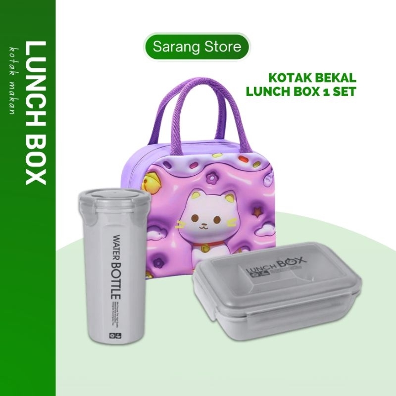Kotak Tempat Makan Bekal Sekolah Anak Perempuan Laki Laki Lunch Box Set Lengkap Gelas Tas Karakter