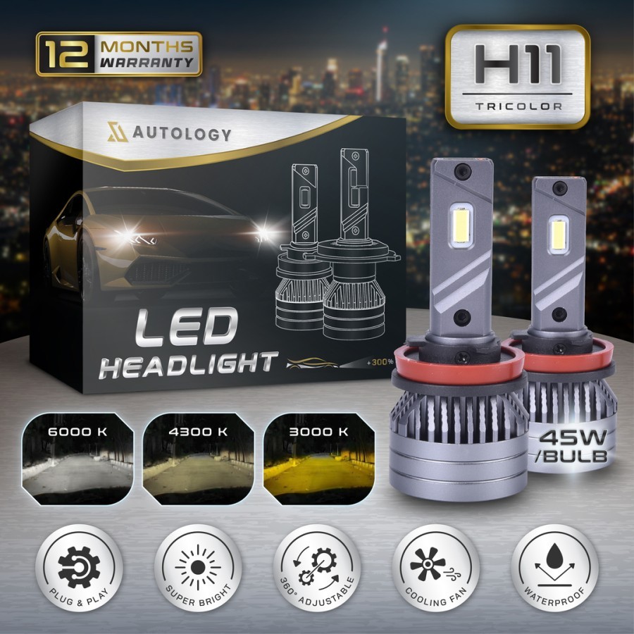 Autology LED H11 TRICOLOR/3WARNA 45W/Bohlam | Bohlam Headlamp Foglamp