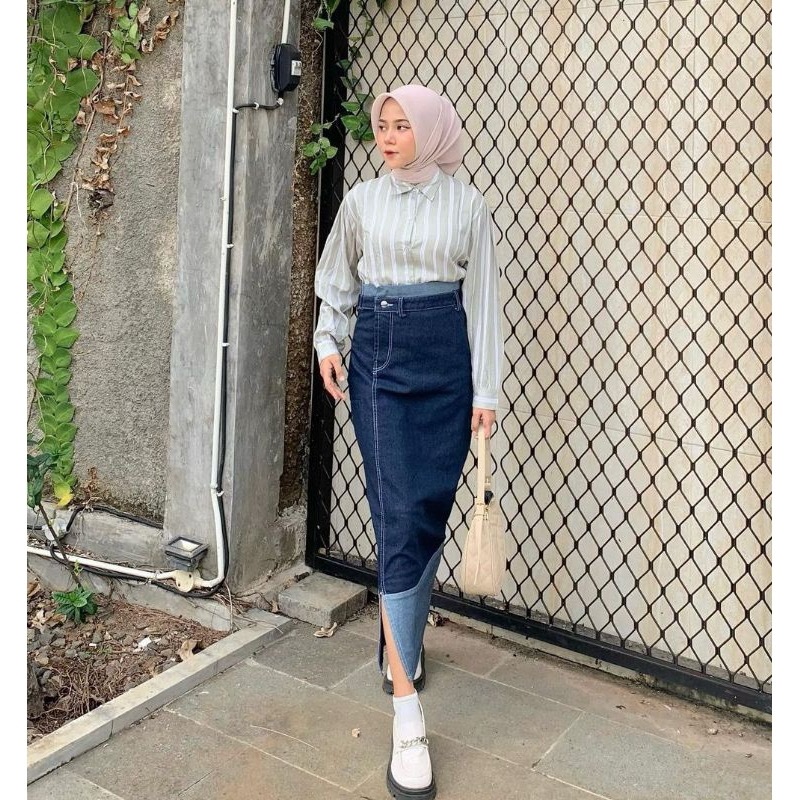 Two Tone Rok Skirt Jeans Highwaist - Rok Erza Highwaist Skirt Jeans Rok Denim Wanita