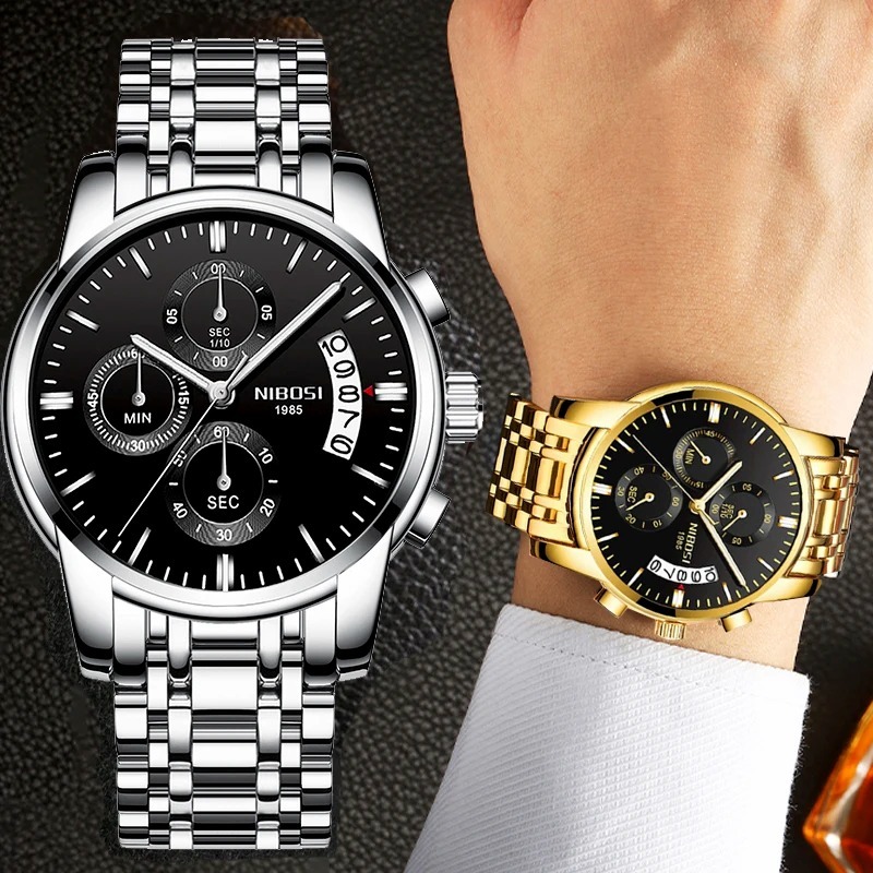 Jam Tangan Pria Original Watch Anti Tahan Air Stainless Analog Tanggal Chronograph Nibosi 2353 Medan