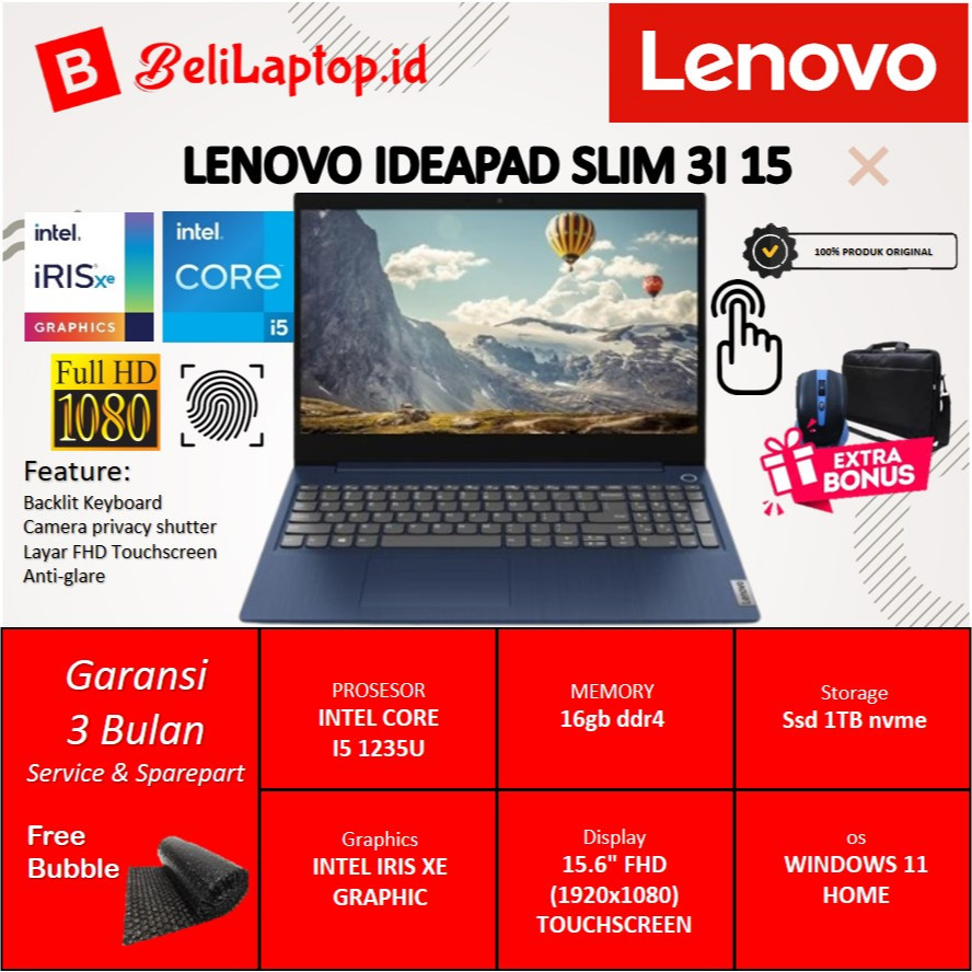 Laptop Lenovo Ideapad Slim 3i 15 Intel I5 1235U Touch Blue 16Gb 1Tb