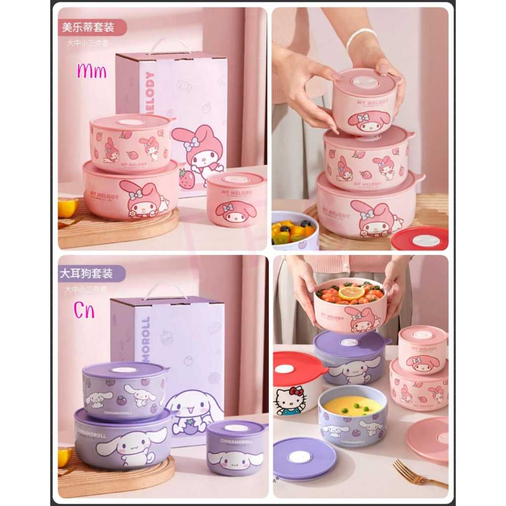 Meal or Gift set tupperware keramik isi 3 sanrio Cinnamoroll Melody anak dewasa koleksi hadiah cute 