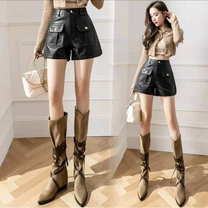 celana kulit / celana kulit wanita / celana pendek wanita PU Leather