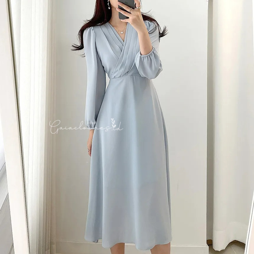 VICTORY DRESS KOREAN VINTAGE HIJAB FRIENDLY LENGAN PANJANG SUMMER GAYA RETRO POLOS BLACK BLUE CREAM 