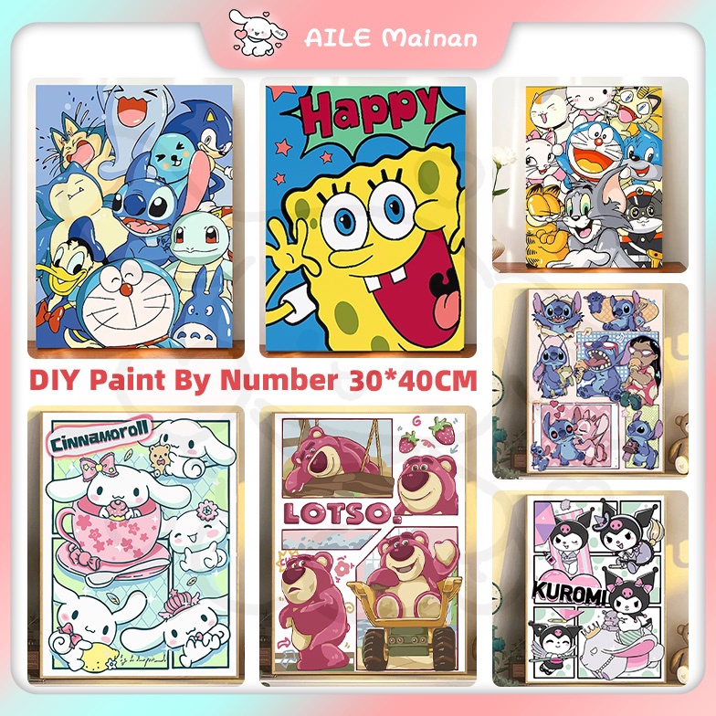 

Paint By Number 3 x 4CM Sanrio Canvas Painting By Numbers Kit Digital Oil Painting DIY Lukisan Pokemon Lotso Kuromi with Frame Digital Painting Landscape Cartoon Anime Series ART S7J9