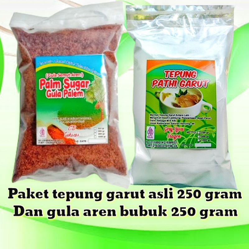 

Tepung garut asli 250 gram dan gula aren bubuk 250 gram