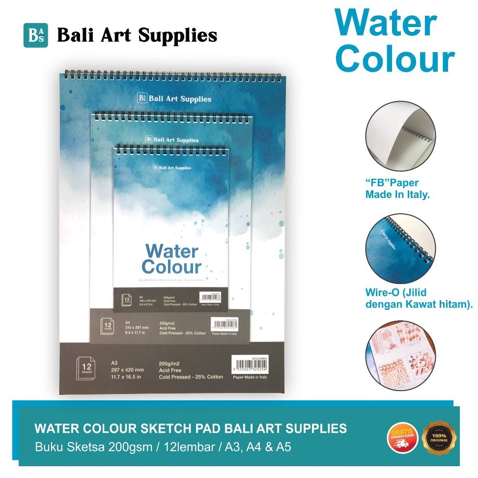 

KODE B88S Water Colour Book Bali Art Supplies Buku Gambar Sketsa Wire Bound SketchPad 12 lembar A3 A4 A5 2 gsm