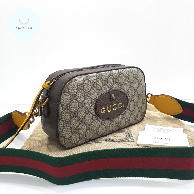 Gucci GG supreme neo vintage camera crossbody bag with stripe wide longstrap