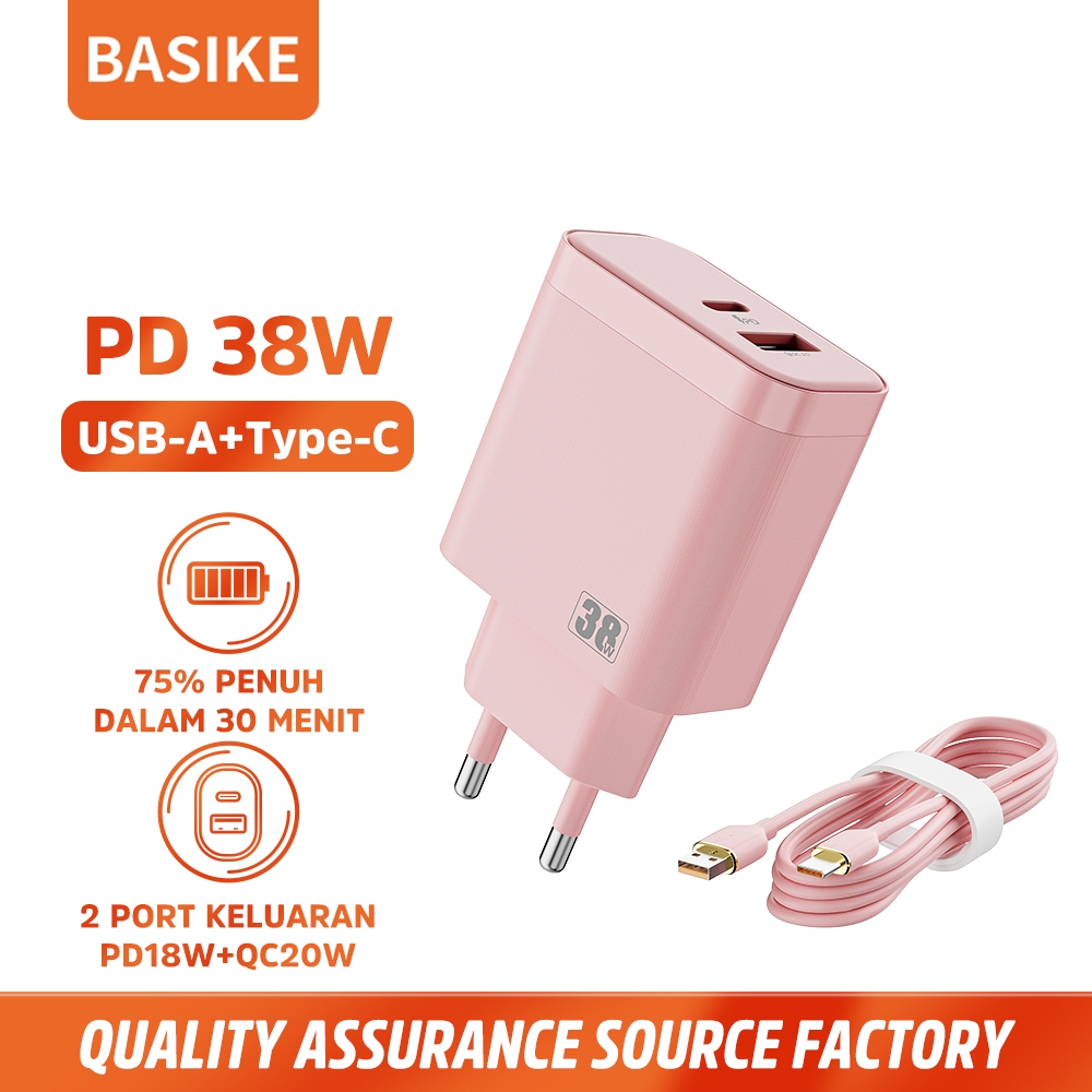 BASIKE Kepala Charger iPhone Fast Charging PD 38W Type C+USB Dual Port for Samsung Xiaomi OPPO Ori
