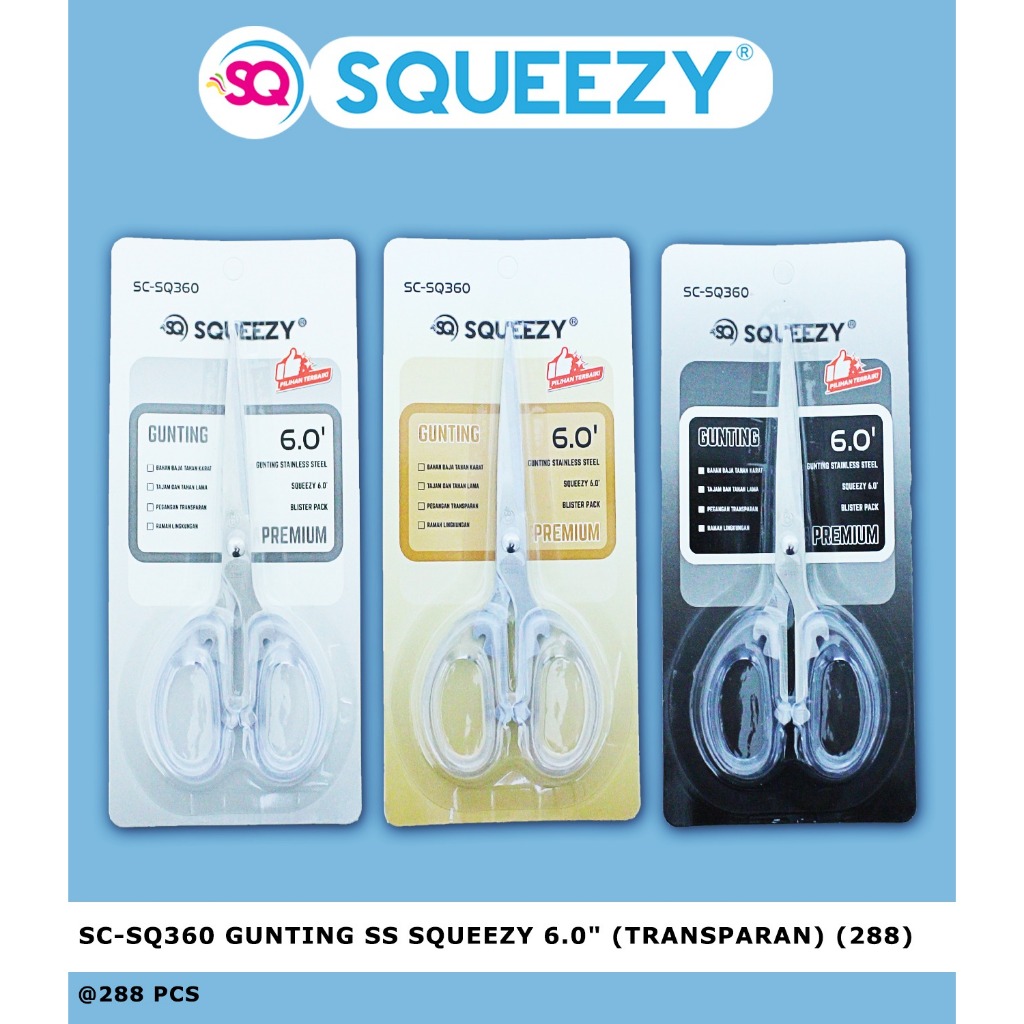 

Gunting Kertas Transparan Stainless Steel Squeezy Scissor 4.5" | 5.0" | 6.0