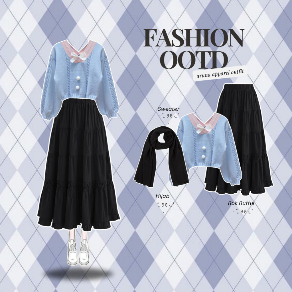 Setelan Wanita Hijab OOTD Kekinian Terbaru Outfit Hijab Korean Style Sweater Rajut Tebal Set - AA189