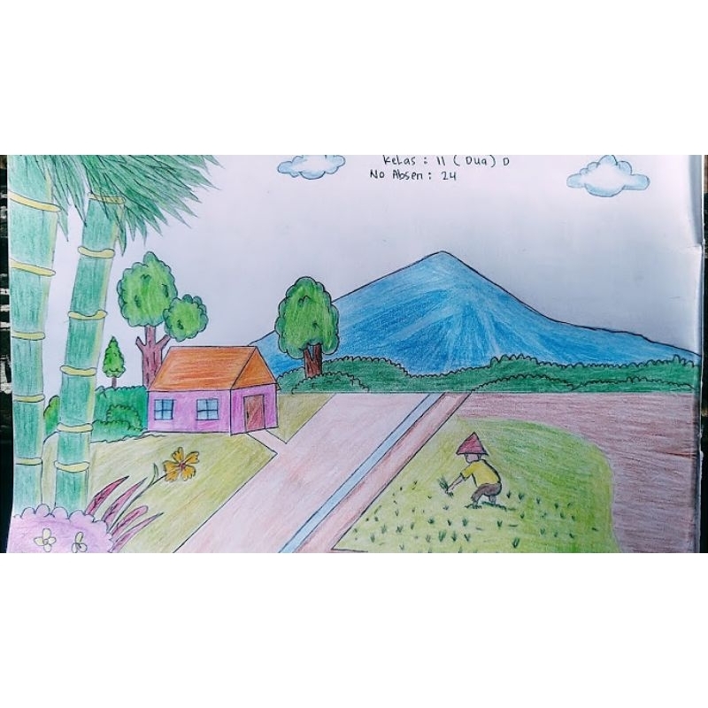 gambar anak SD pemandangan gunung dan sawah